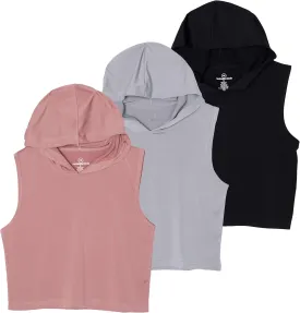 3 Pack: Women's Dry-Fit Sleeveless Cropped Tank Top Hoodie - Athletic Crop Sweatshirt