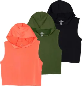 3 Pack: Women's Dry-Fit Sleeveless Cropped Tank Top Hoodie - Athletic Crop Sweatshirt