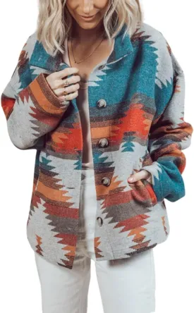 Chevara Womens Vintage Ethnic Aztec Jacket Long Sleeve Button Up Woolen Shacket Western Jackets