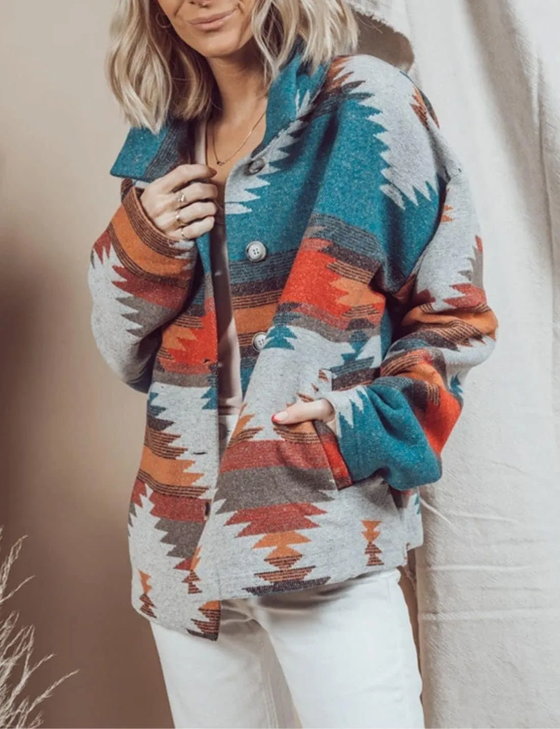Chevara Womens Vintage Ethnic Aztec Jacket Long Sleeve Button Up Woolen Shacket Western Jackets