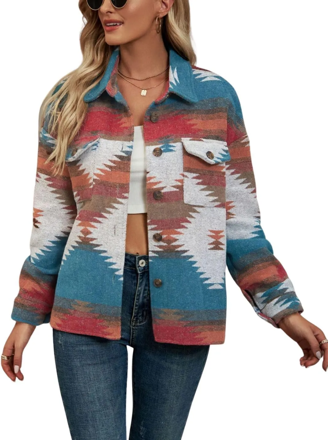 Chevara Womens Vintage Ethnic Aztec Jacket Long Sleeve Button Up Woolen Shacket Western Jackets