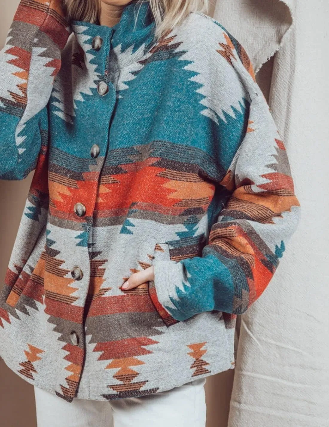 Chevara Womens Vintage Ethnic Aztec Jacket Long Sleeve Button Up Woolen Shacket Western Jackets