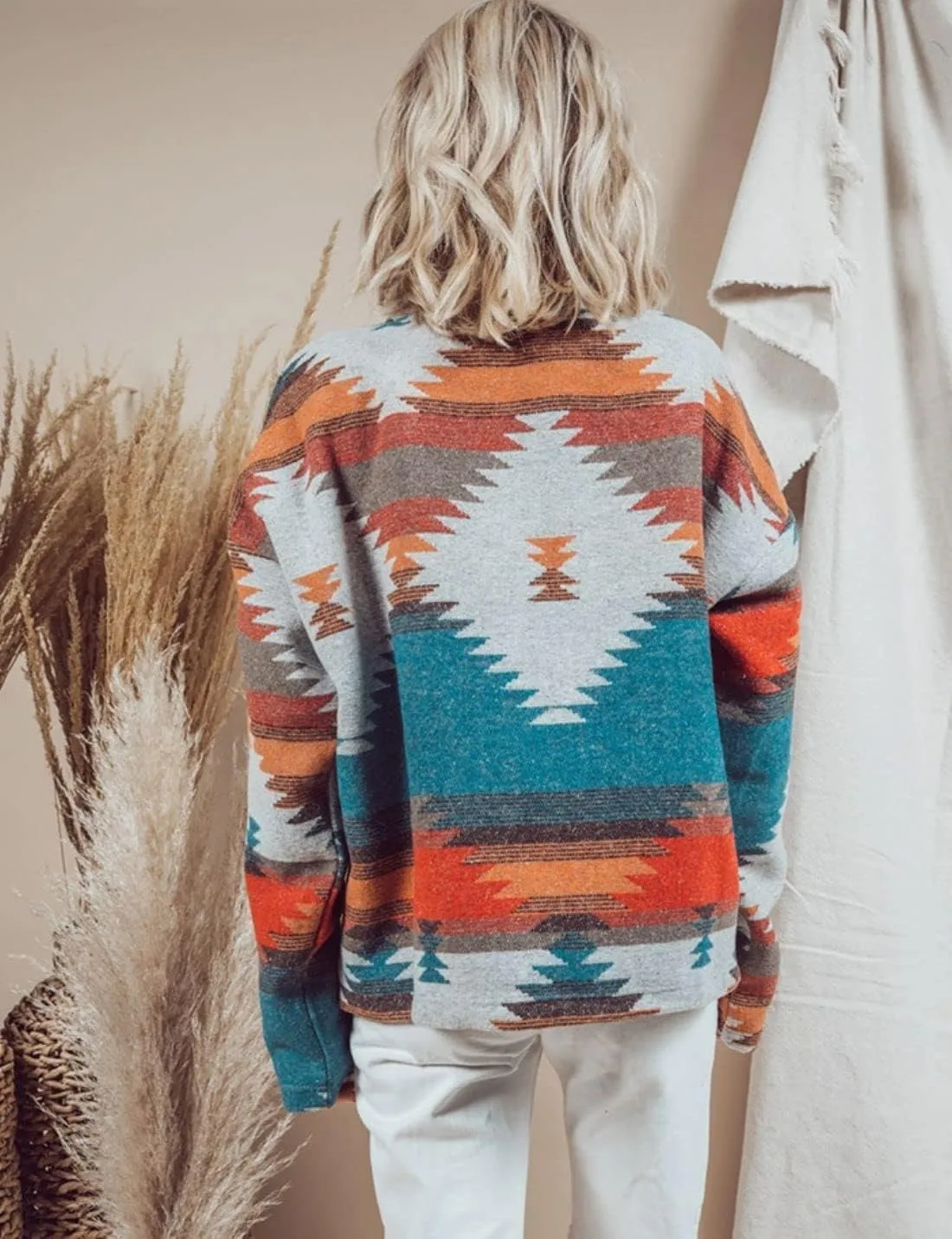 Chevara Womens Vintage Ethnic Aztec Jacket Long Sleeve Button Up Woolen Shacket Western Jackets