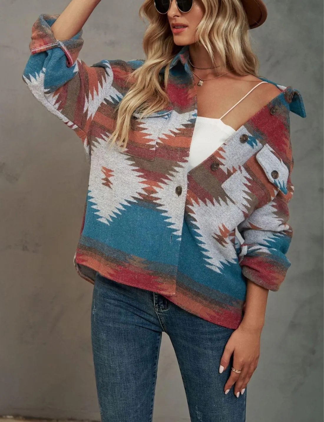 Chevara Womens Vintage Ethnic Aztec Jacket Long Sleeve Button Up Woolen Shacket Western Jackets