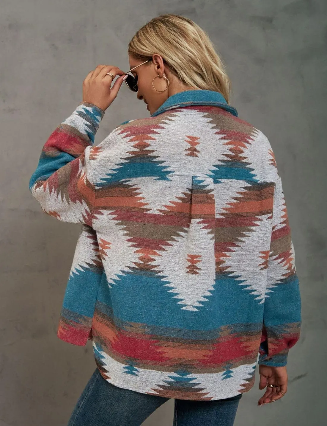 Chevara Womens Vintage Ethnic Aztec Jacket Long Sleeve Button Up Woolen Shacket Western Jackets