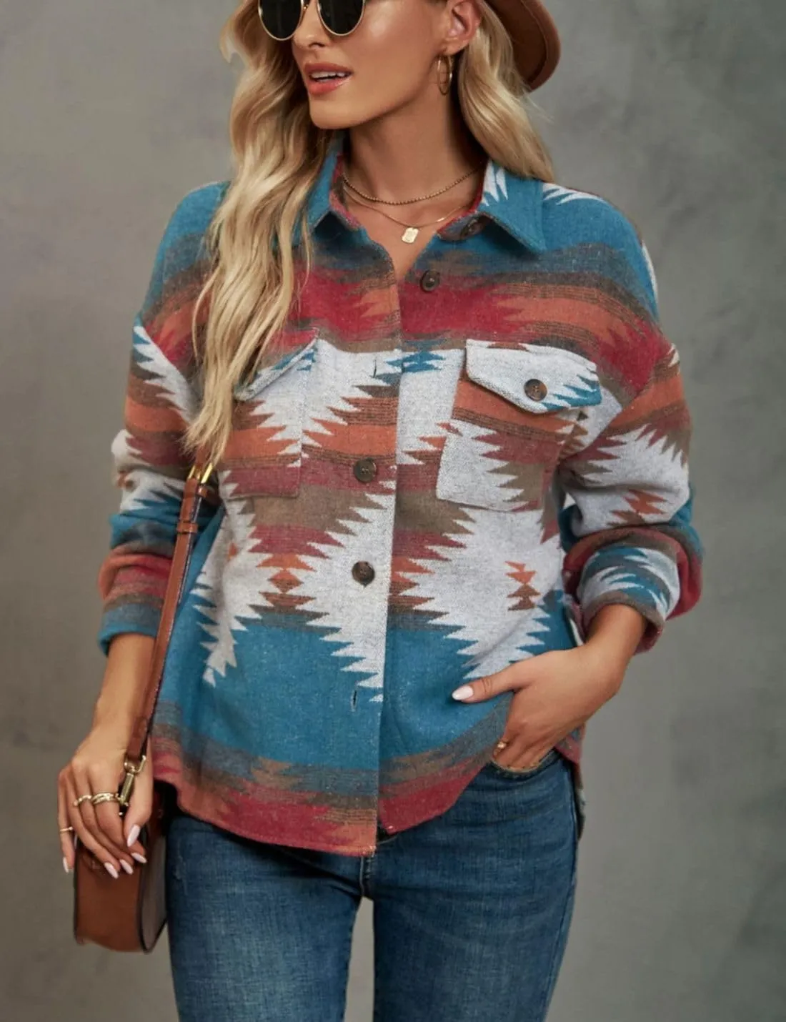 Chevara Womens Vintage Ethnic Aztec Jacket Long Sleeve Button Up Woolen Shacket Western Jackets