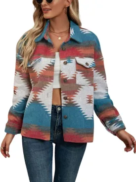 Chevara Womens Vintage Ethnic Aztec Jacket Long Sleeve Button Up Woolen Shacket Western Jackets