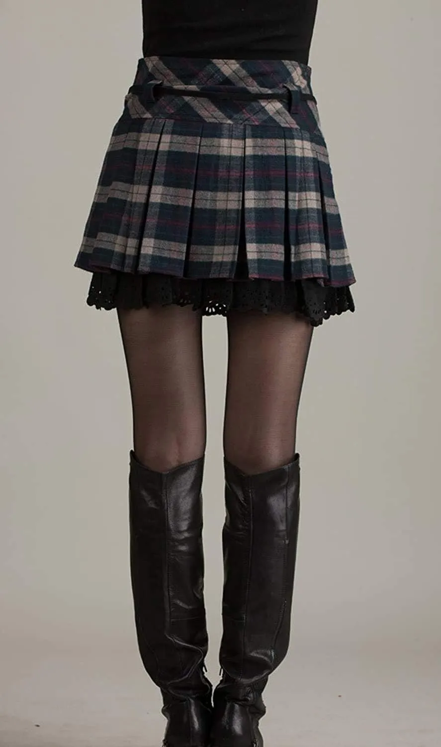 chouyatou Women's A-Line Plaid Wool Blend Pleated Skirt Side Zipper