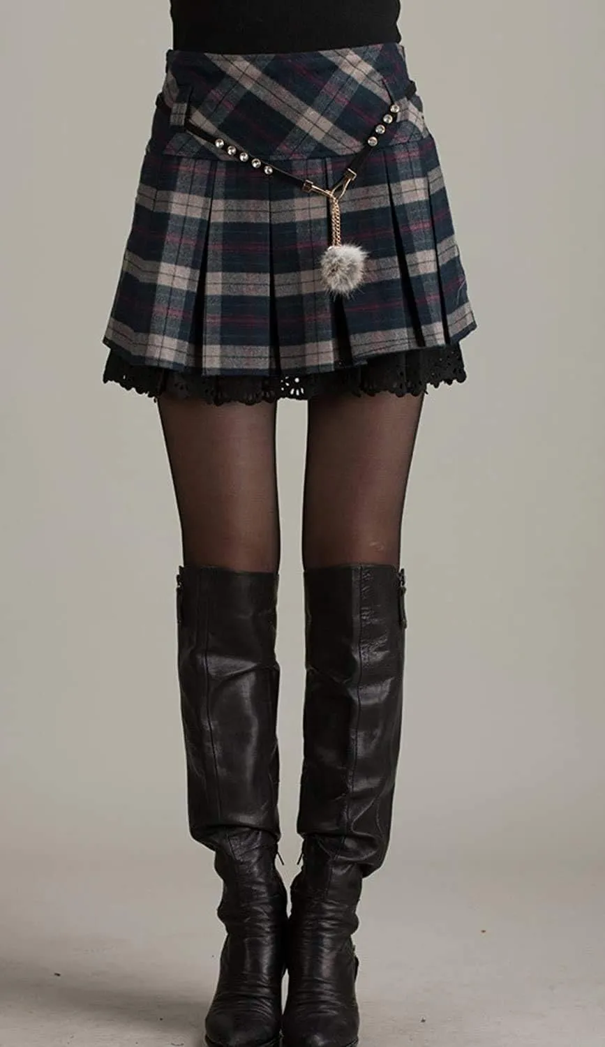 chouyatou Women's A-Line Plaid Wool Blend Pleated Skirt Side Zipper