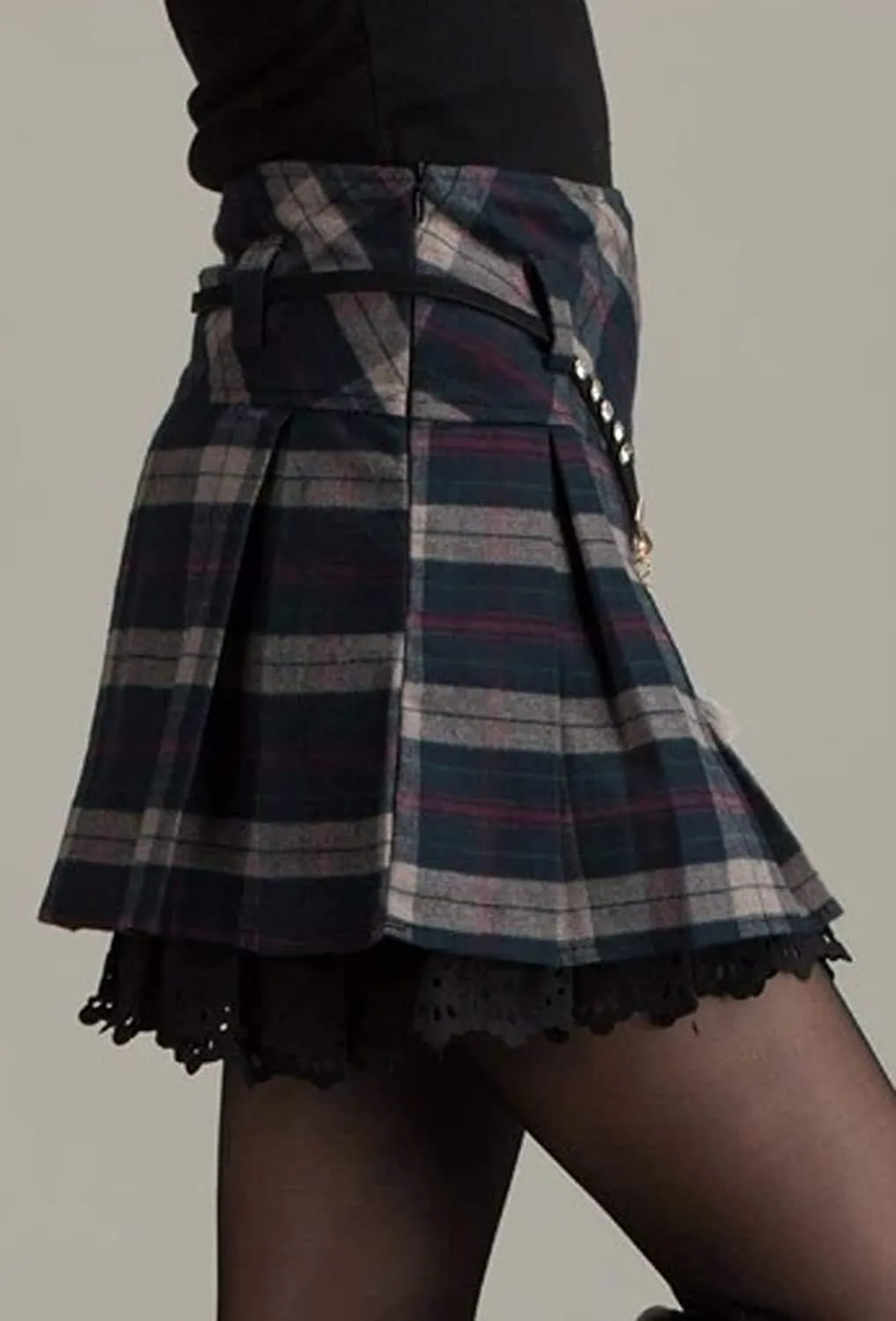 chouyatou Women's A-Line Plaid Wool Blend Pleated Skirt Side Zipper