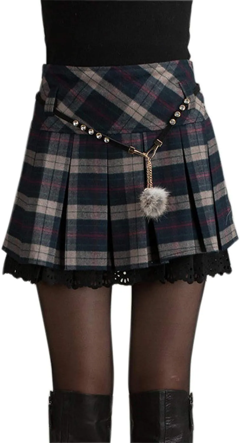 chouyatou Women's A-Line Plaid Wool Blend Pleated Skirt Side Zipper