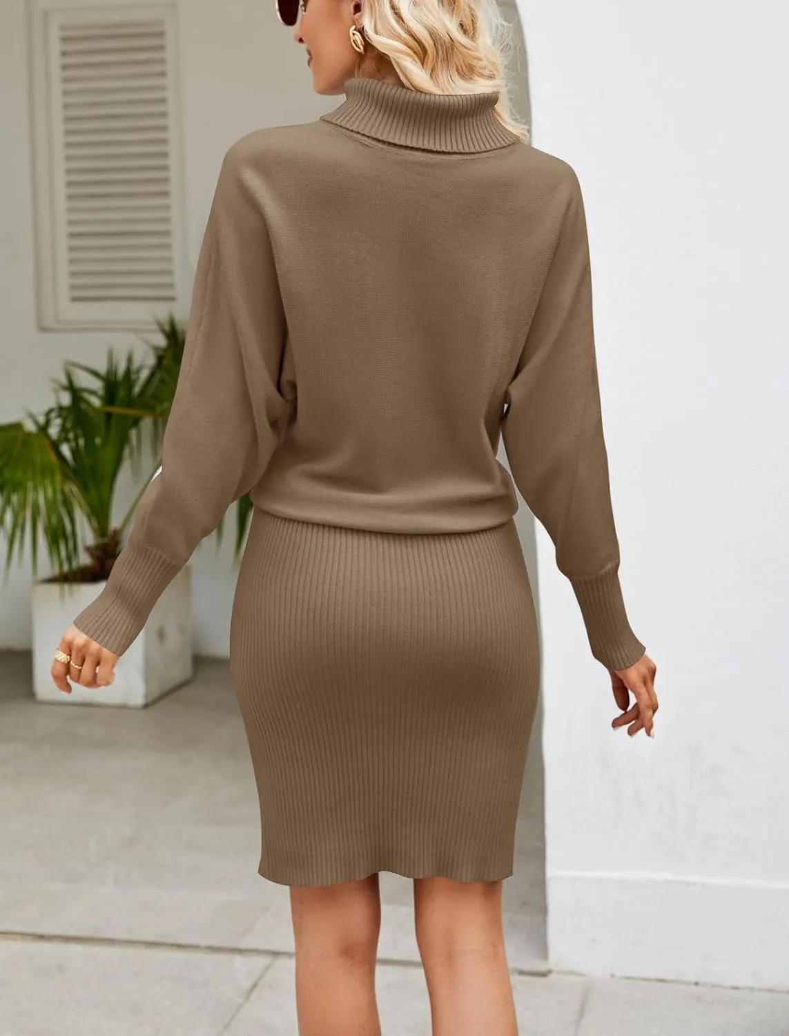 chouyatou Womens Fall Bodycon Midi Sweater Dress Sexy Elegant Pullover Turtleneck Sweater Dress