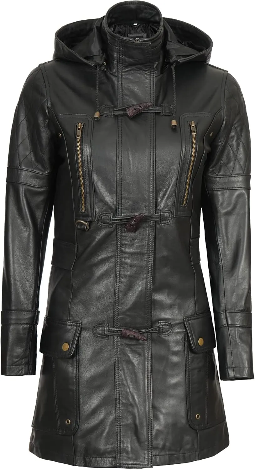 fjackets Lambskin Women Long Coat - Real Leather Zip Up Hoodie Jackets For Womens