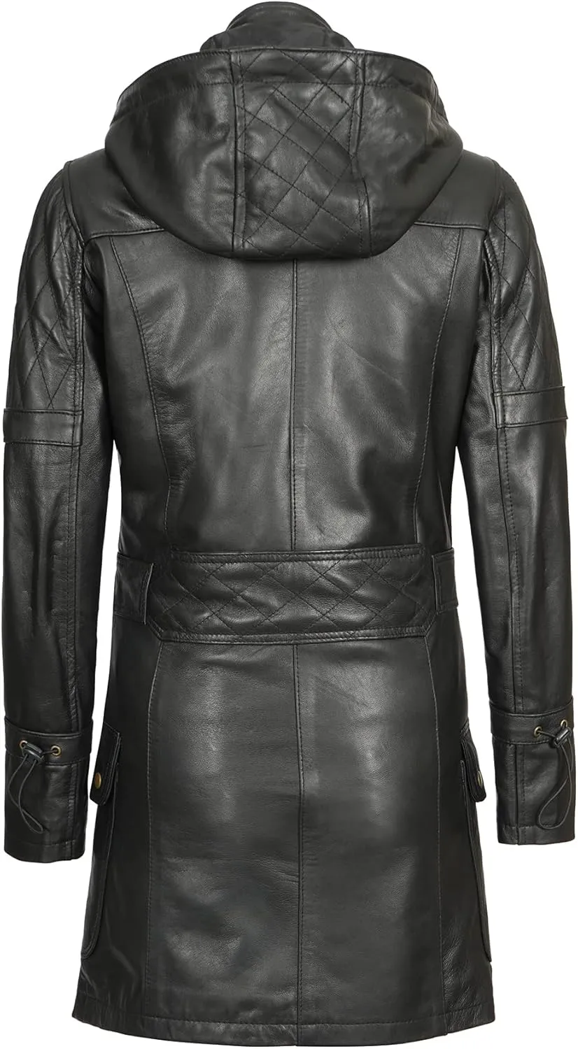 fjackets Lambskin Women Long Coat - Real Leather Zip Up Hoodie Jackets For Womens