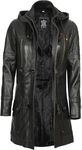 fjackets Lambskin Women Long Coat - Real Leather Zip Up Hoodie Jackets For Womens