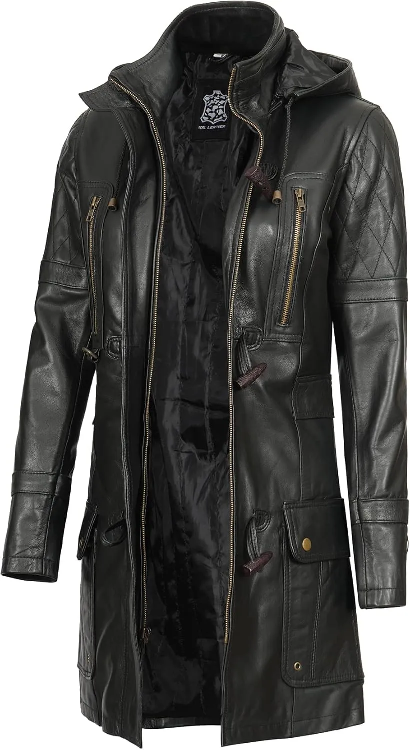 fjackets Lambskin Women Long Coat - Real Leather Zip Up Hoodie Jackets For Womens