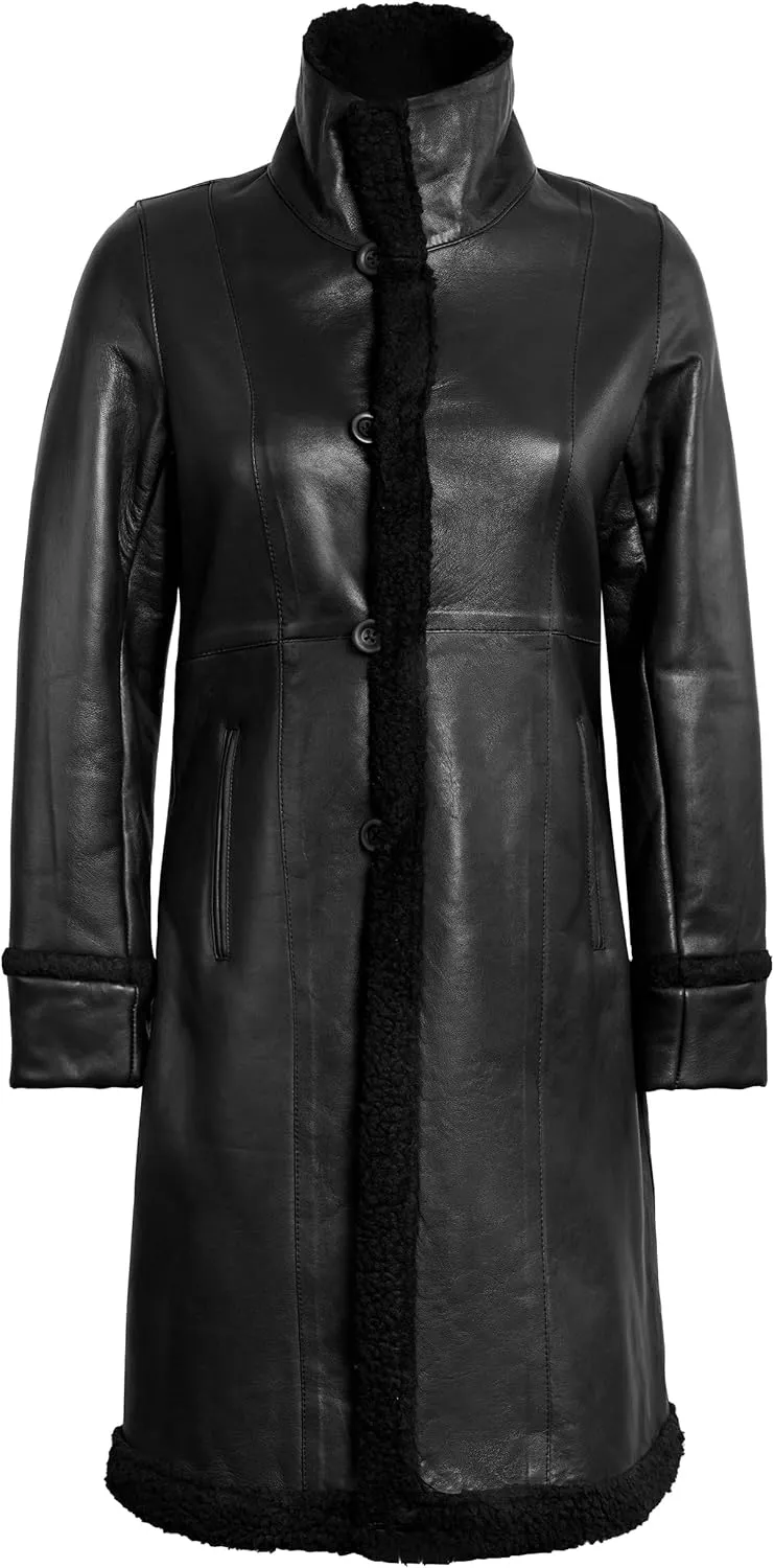 fjackets Lambskin Women Long Coat - Real Leather Zip Up Hoodie Jackets For Womens