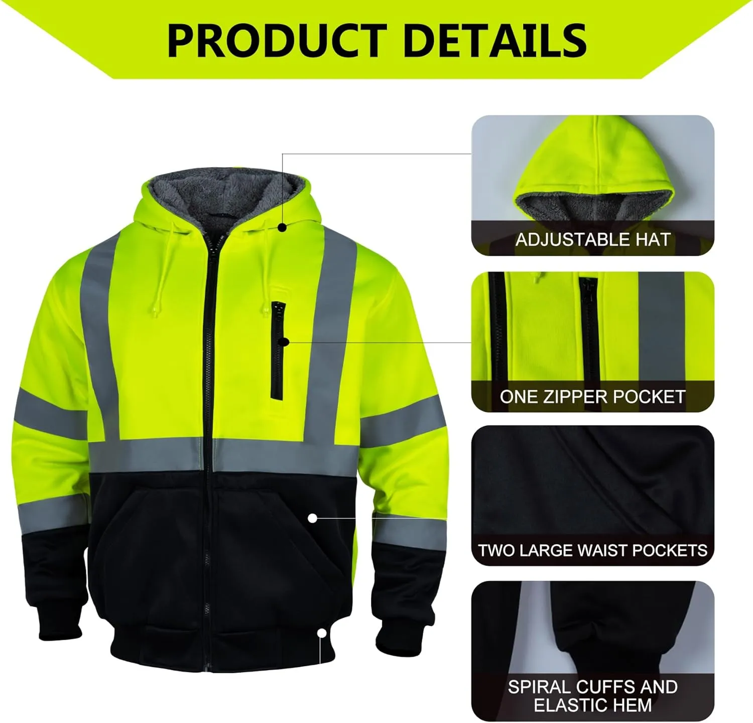 FONIRRA Mens Hi Vis Hoodie Reflective ANSI Class 3 Wool Fleece Safety Sweatshirts High Visibility Zipper Jacket