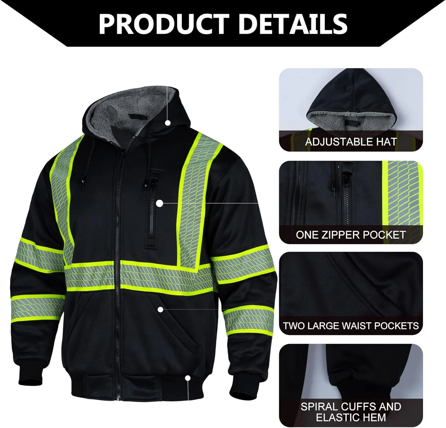 FONIRRA Mens Hi Vis Hoodie Reflective ANSI Class 3 Wool Fleece Safety Sweatshirts High Visibility Zipper Jacket