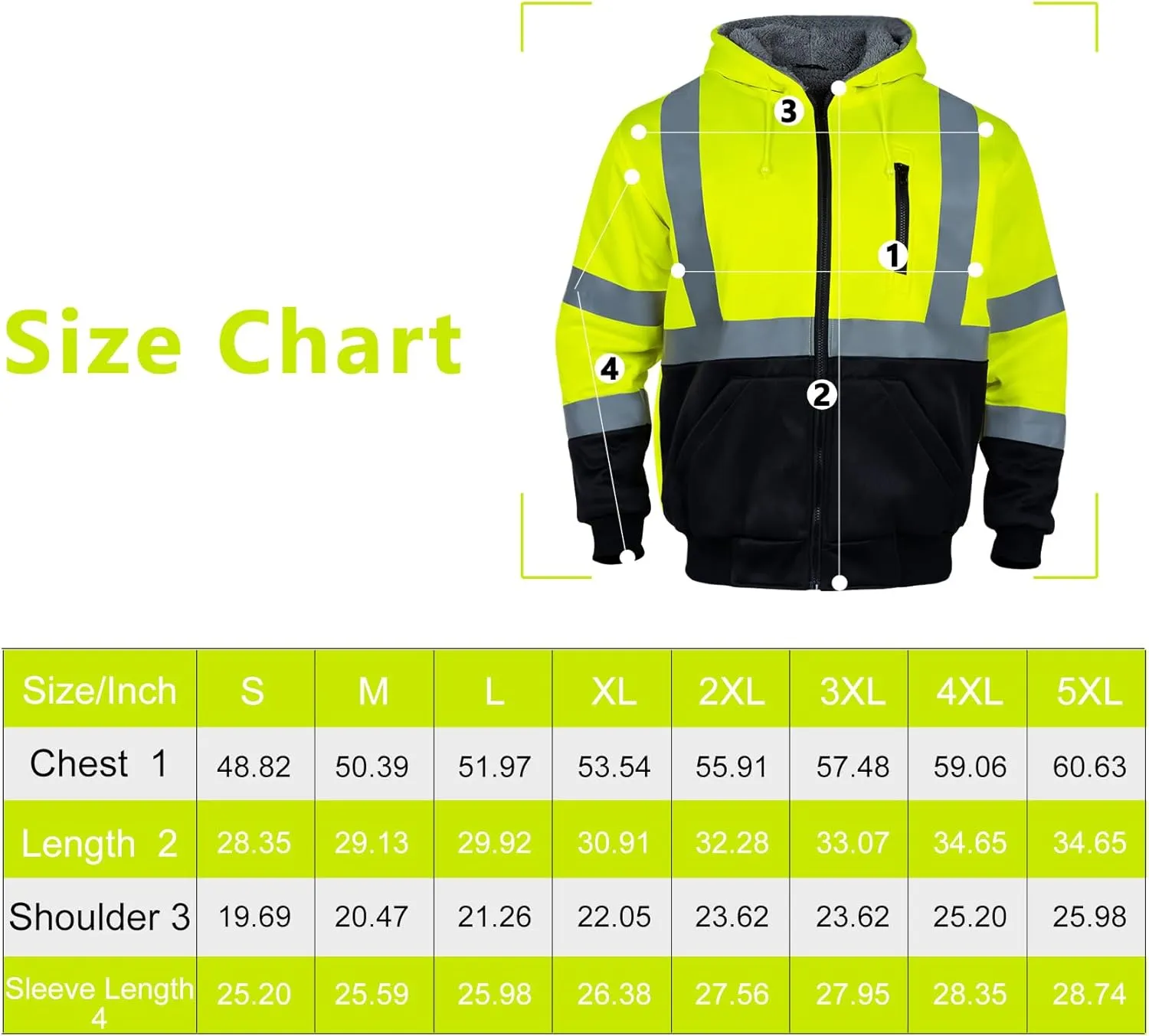 FONIRRA Mens Hi Vis Hoodie Reflective ANSI Class 3 Wool Fleece Safety Sweatshirts High Visibility Zipper Jacket