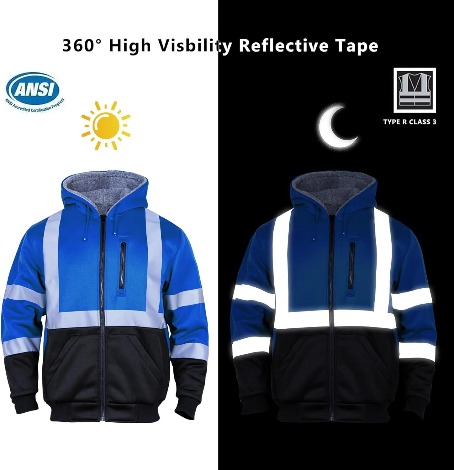 FONIRRA Mens Hi Vis Hoodie Reflective ANSI Class 3 Wool Fleece Safety Sweatshirts High Visibility Zipper Jacket