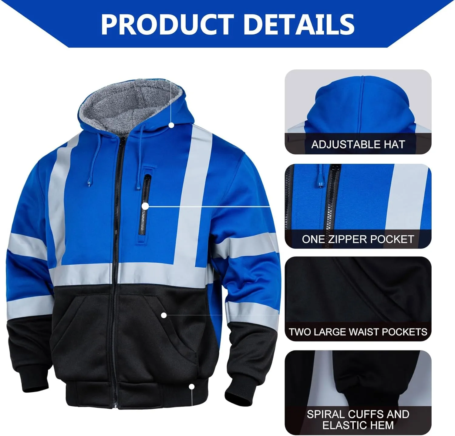 FONIRRA Mens Hi Vis Hoodie Reflective ANSI Class 3 Wool Fleece Safety Sweatshirts High Visibility Zipper Jacket
