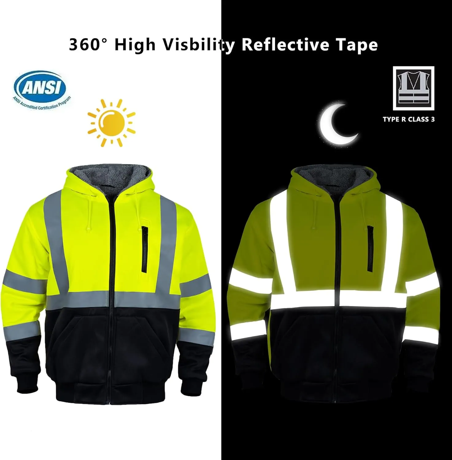 FONIRRA Mens Hi Vis Hoodie Reflective ANSI Class 3 Wool Fleece Safety Sweatshirts High Visibility Zipper Jacket
