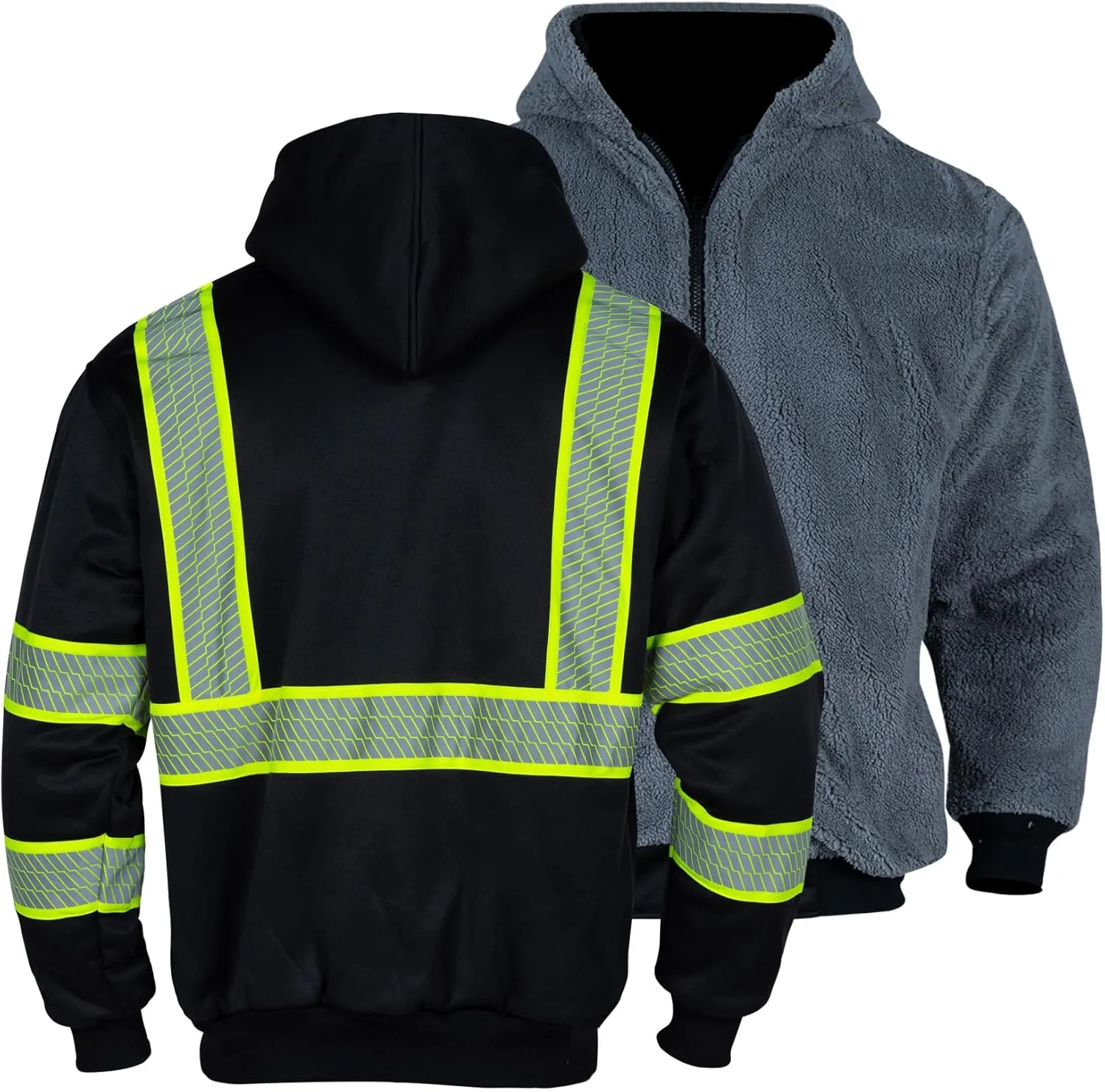 FONIRRA Mens Hi Vis Hoodie Reflective ANSI Class 3 Wool Fleece Safety Sweatshirts High Visibility Zipper Jacket
