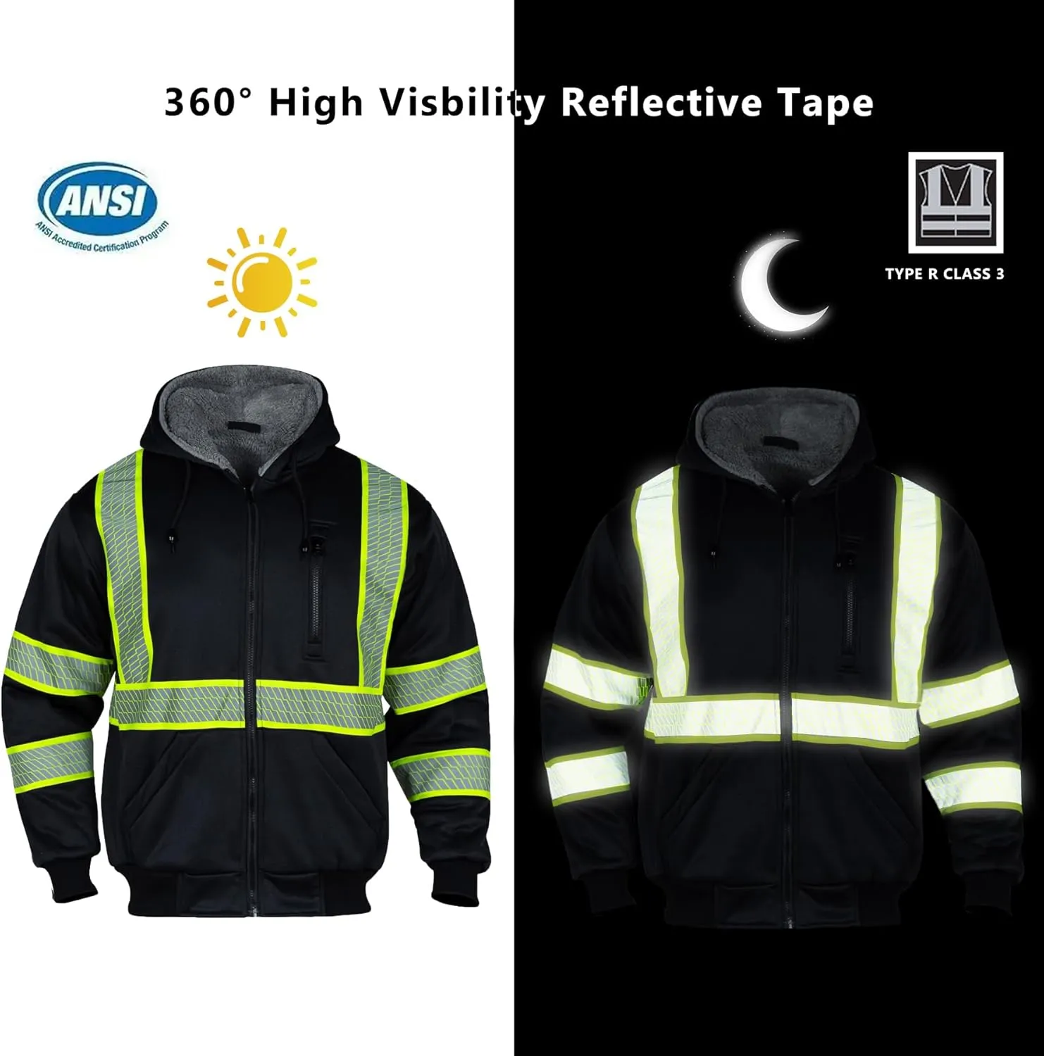 FONIRRA Mens Hi Vis Hoodie Reflective ANSI Class 3 Wool Fleece Safety Sweatshirts High Visibility Zipper Jacket