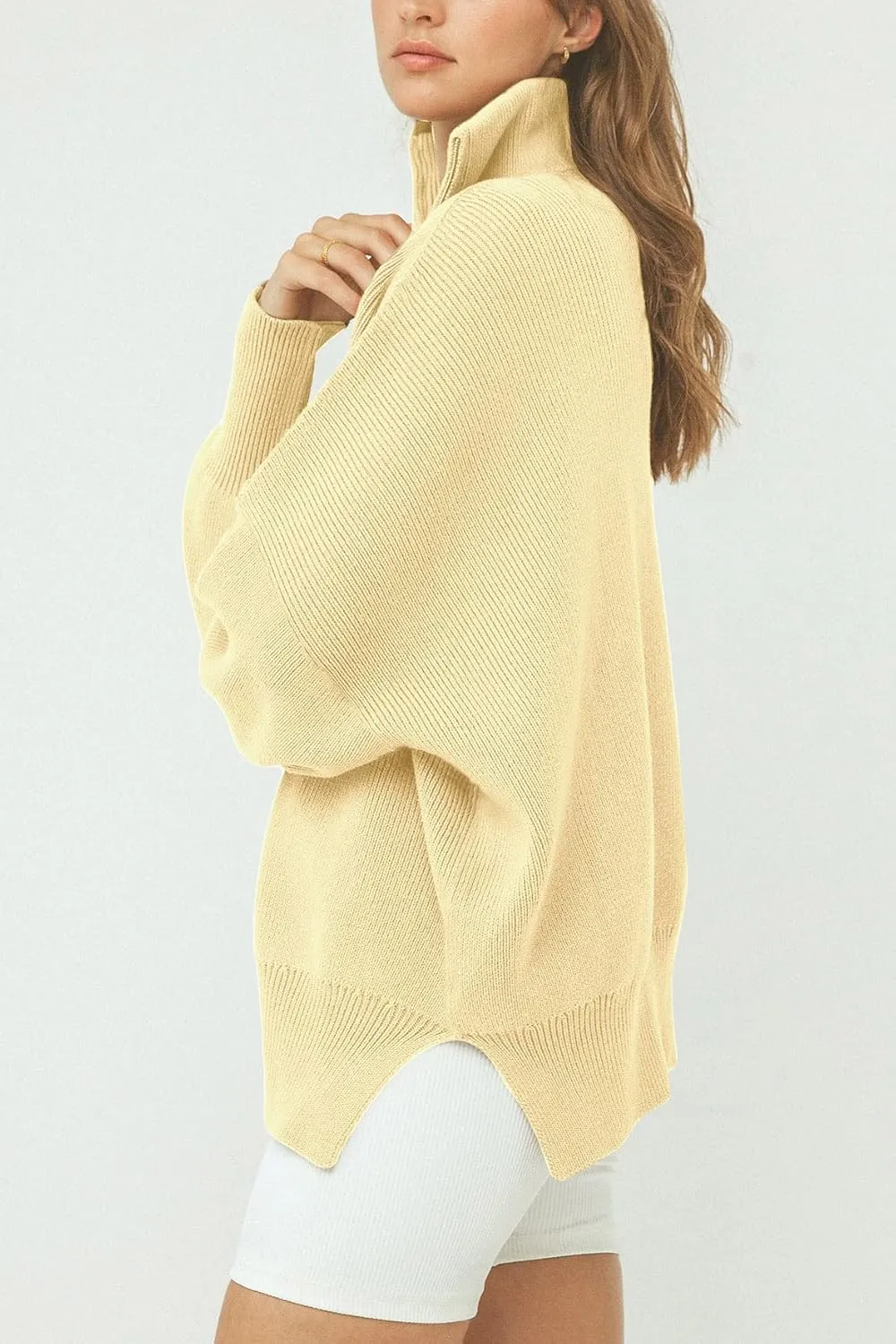 Imily Bela Womens Tunic Sweater Fall Long Sleeve 1/4 Zip Pullover Sweaters Oversized Slouchy Ribbed Knit Sweatshirt with Slit