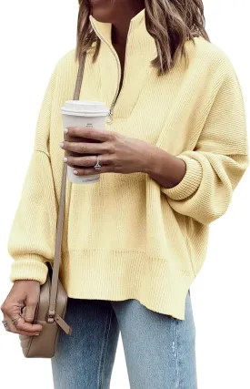 Imily Bela Womens Tunic Sweater Fall Long Sleeve 1/4 Zip Pullover Sweaters Oversized Slouchy Ribbed Knit Sweatshirt with Slit