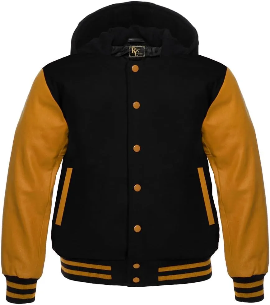Man's Varsity Hoodie Letterman Wool & All Colour Genuine Cowhide Leather Sleeves Bomber Style Baseball Hood