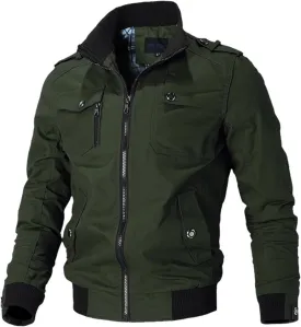 Men's Casual Bomber Jackets Stand Collar Military Jacket Windbreaker Classic Cozy Outwear with Pockets