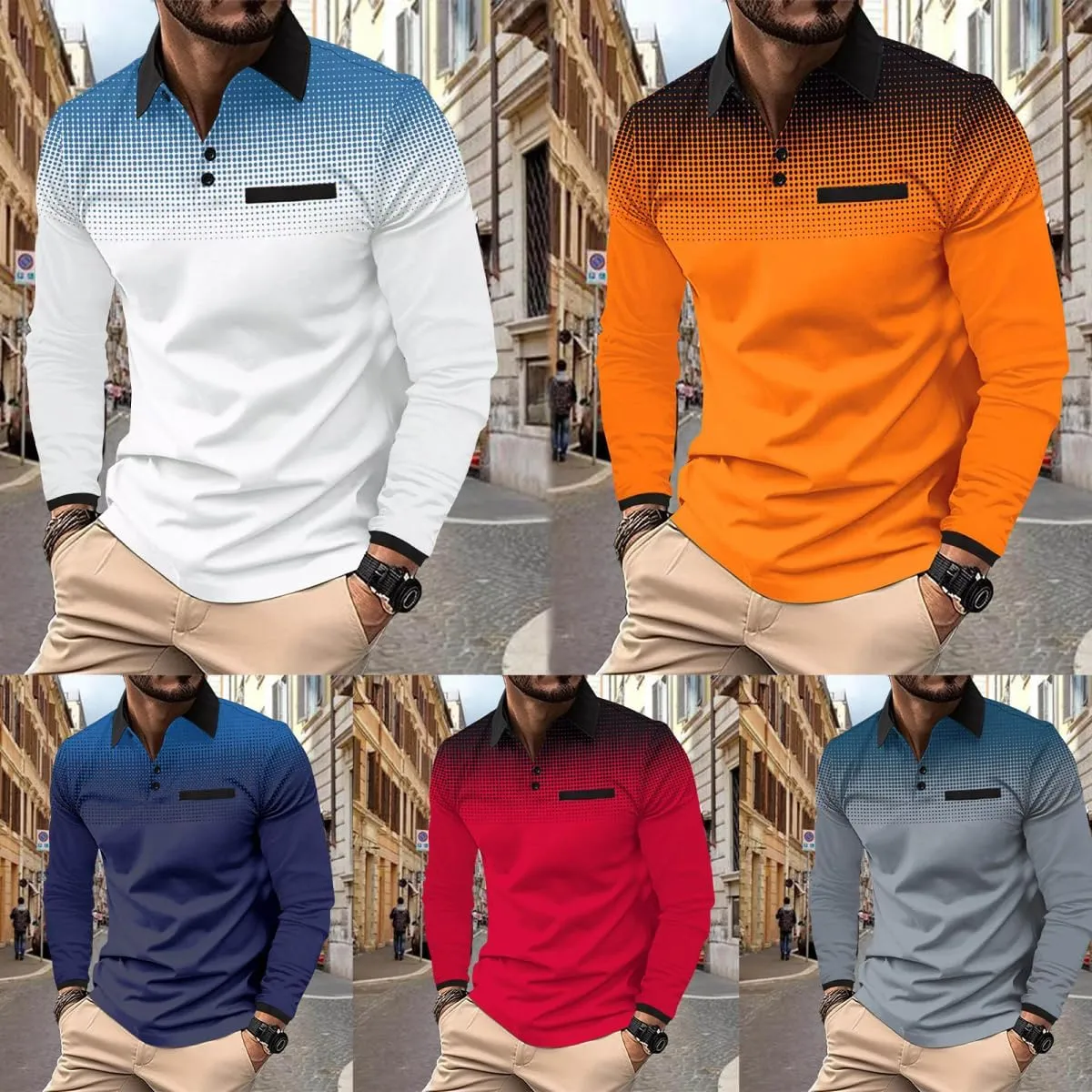Men's Polo Shirts Long Sleeve 2024 Casual Polo T-Shirts Color Block Slim Fit Golf Polo Shirt with Pocket