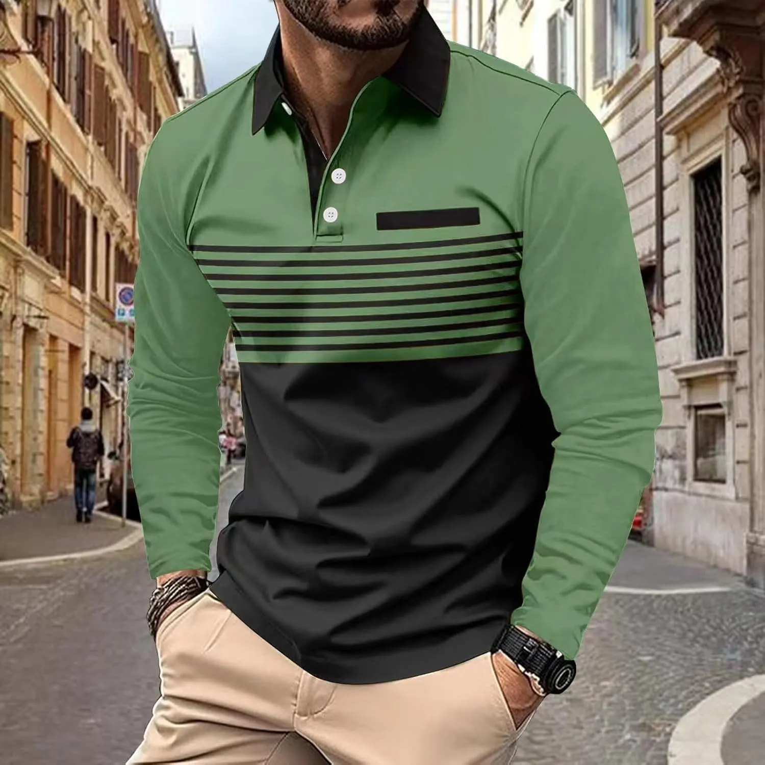 Men's Polo Shirts Long Sleeve 2024 Casual Polo T-Shirts Color Block Slim Fit Golf Polo Shirt with Pocket