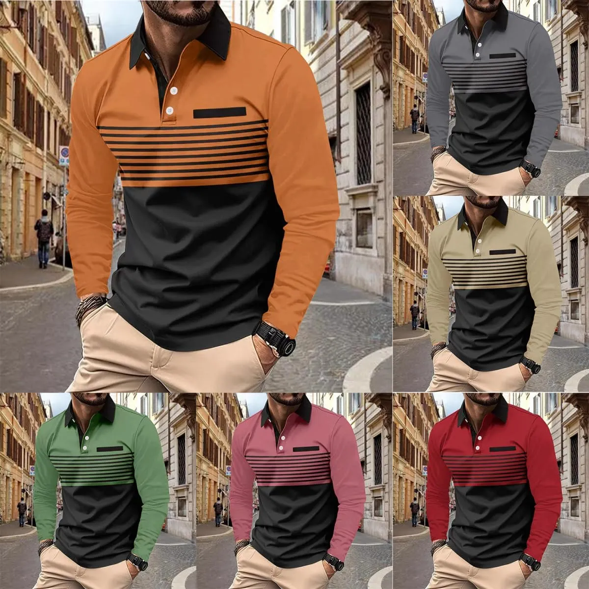 Men's Polo Shirts Long Sleeve 2024 Casual Polo T-Shirts Color Block Slim Fit Golf Polo Shirt with Pocket