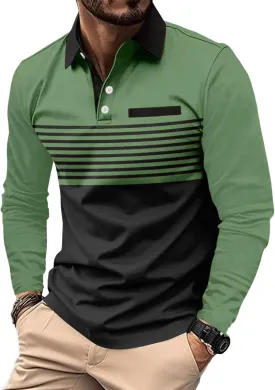 Men's Polo Shirts Long Sleeve 2024 Casual Polo T-Shirts Color Block Slim Fit Golf Polo Shirt with Pocket