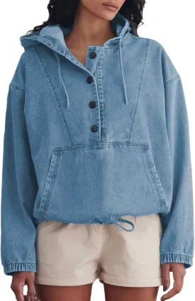 PINSV Womens Denim Hoodie Jacket Lightweight Button Up Jean Pullover with Drawstring Hood Casual Long Sleeve Sweatshirt