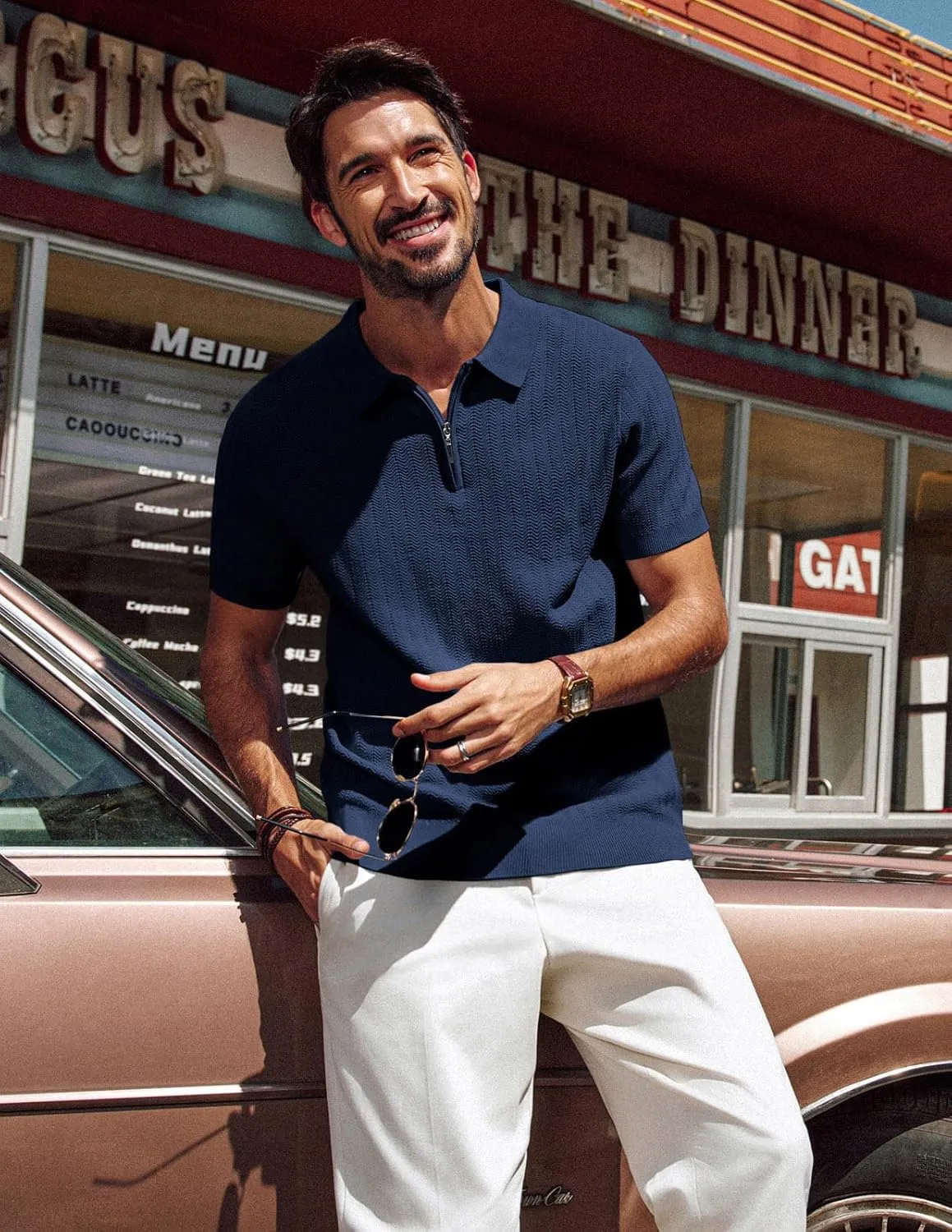 PJ PAUL JONES Men's Polo Shirts Quarter Zip Textured Knit Shirts Summer Shirt