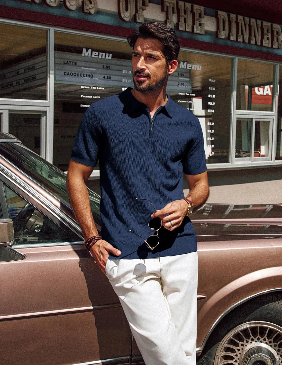 PJ PAUL JONES Men's Polo Shirts Quarter Zip Textured Knit Shirts Summer Shirt