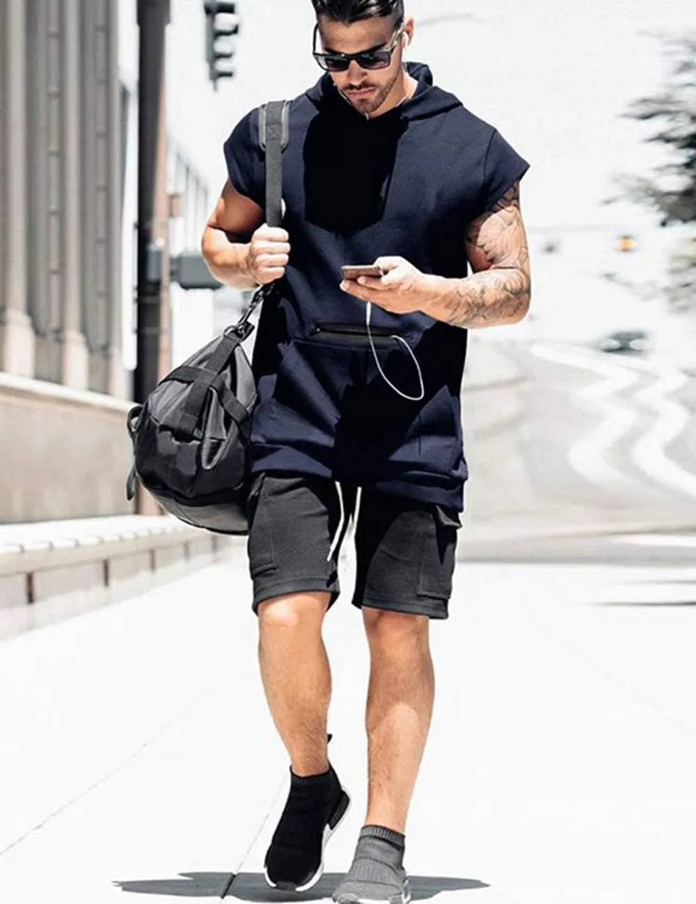 Poriff Mens Workout Tank Tops with Hood Sleeveless Gym t-Shirt Muscles Tees Athletic Pockets
