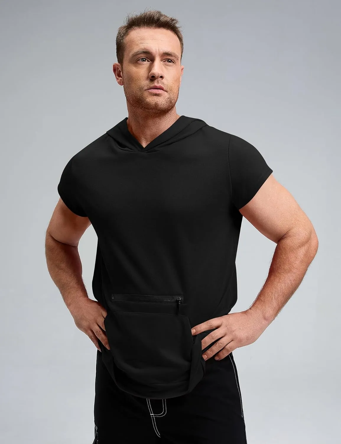 Poriff Mens Workout Tank Tops with Hood Sleeveless Gym t-Shirt Muscles Tees Athletic Pockets