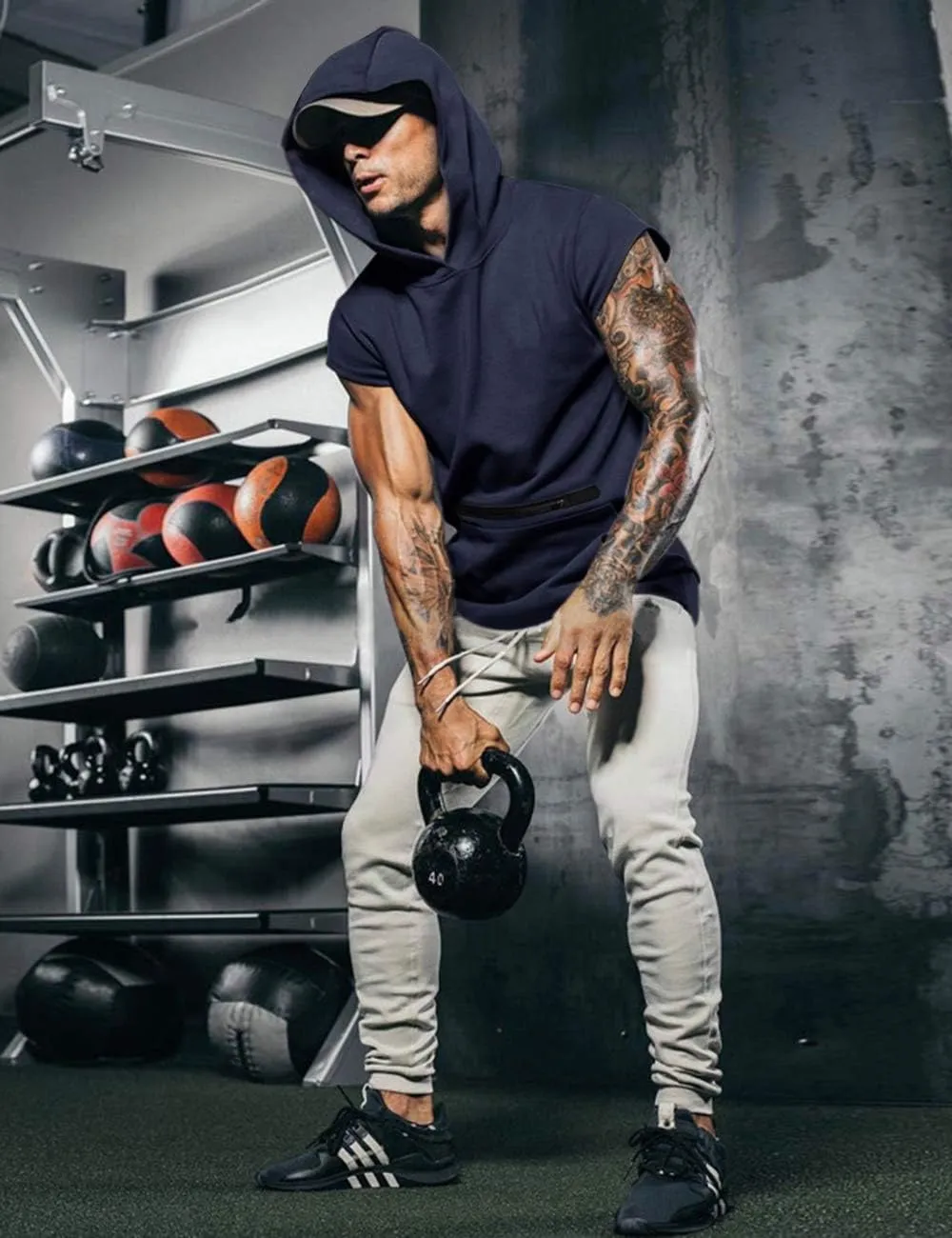 Poriff Mens Workout Tank Tops with Hood Sleeveless Gym t-Shirt Muscles Tees Athletic Pockets