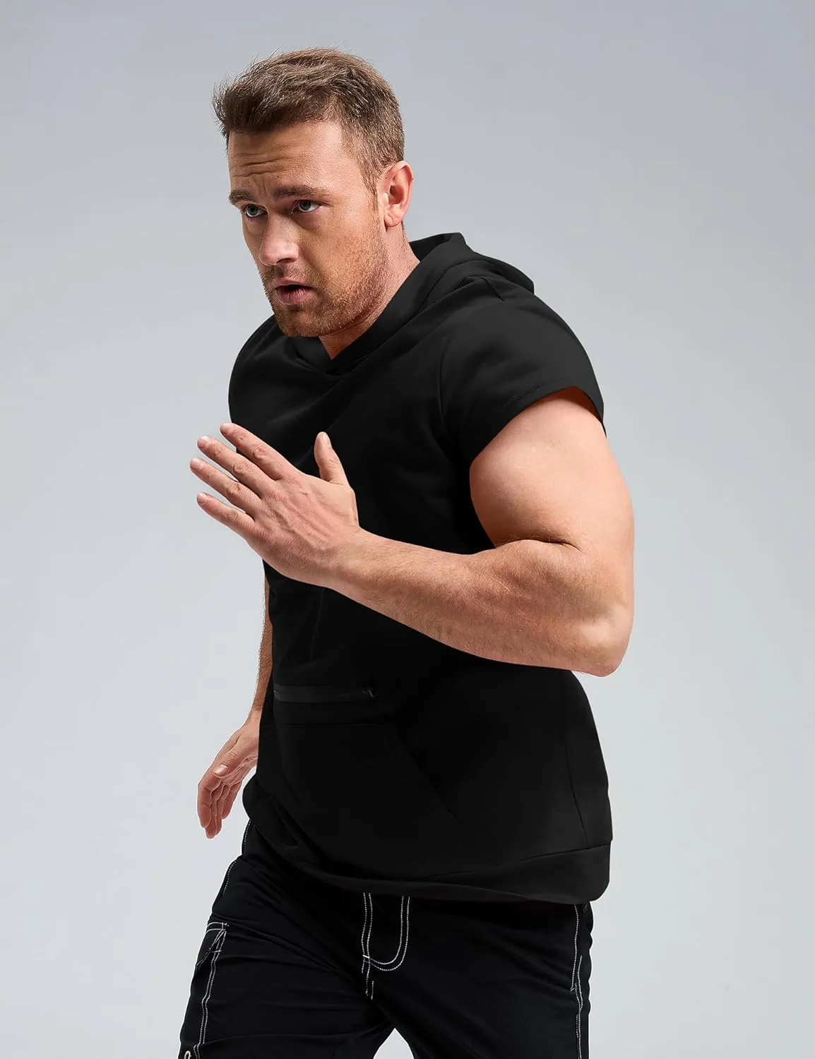 Poriff Mens Workout Tank Tops with Hood Sleeveless Gym t-Shirt Muscles Tees Athletic Pockets