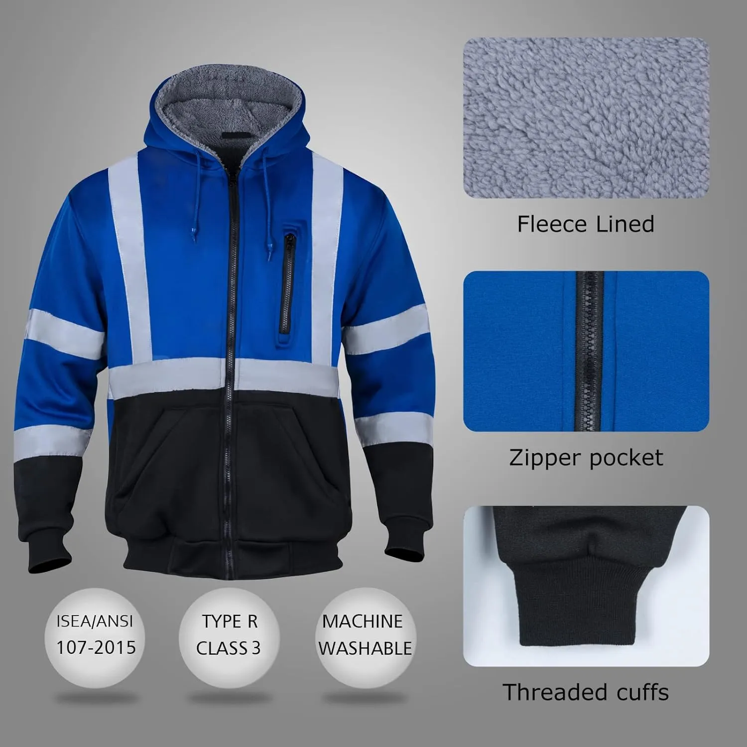 Safety Hoodie for Men Reflective Wool Fleece High Visibility Jacket ANSI Class 3 Work Construction Sweatshirt