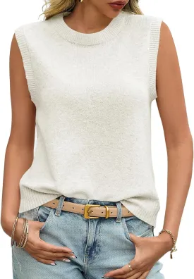 Saodimallsu Womens Sleeveless Sweater Vest Summer Casual Cap Sleeve Crew Neck Loose Knit Lightweight Pullover Tank Tops
