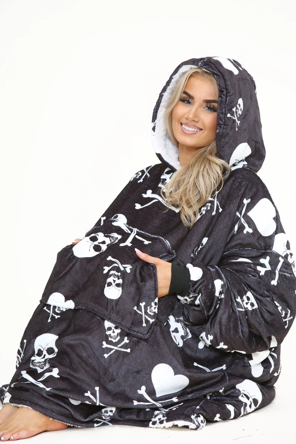 Skull Oodie Style Fleece Oversized Blanket Hoodie - Adults