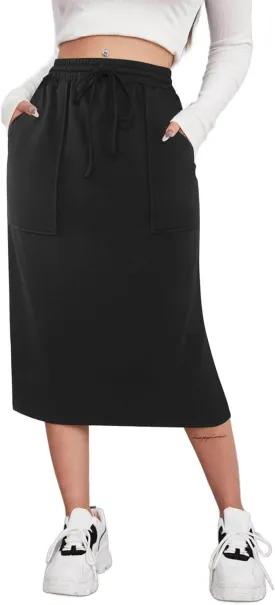 SOFIA'S CHOICE Women's Midi Skirt Drawstring High Waist Slit Skirts with Pockets
