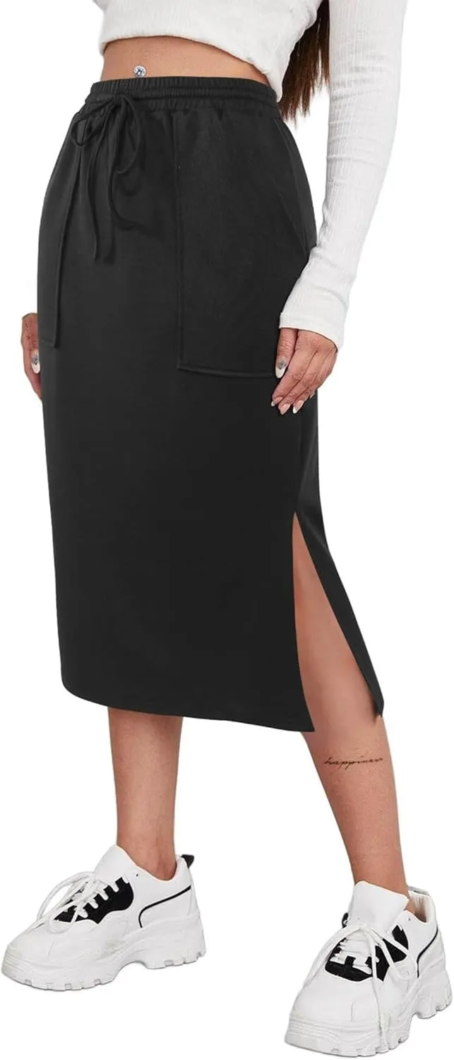 SOFIA'S CHOICE Women's Midi Skirt Drawstring High Waist Slit Skirts with Pockets