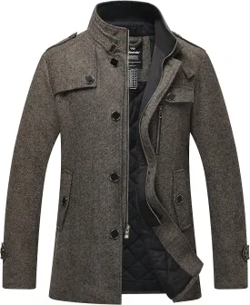 wantdo Men's Wool Blend Jacket Stand Collar Windproof Pea Coat
